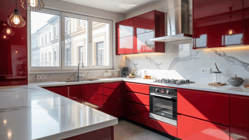 Glossy White & Red Acrylic Kitchen