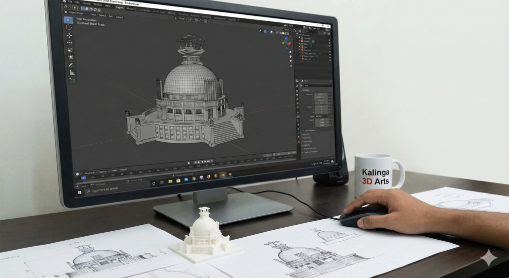 Modeling the Dhauli Shanti Stupa 3d designing in Bhubaneswar