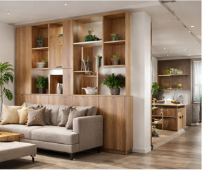 ply partition with storage shelves